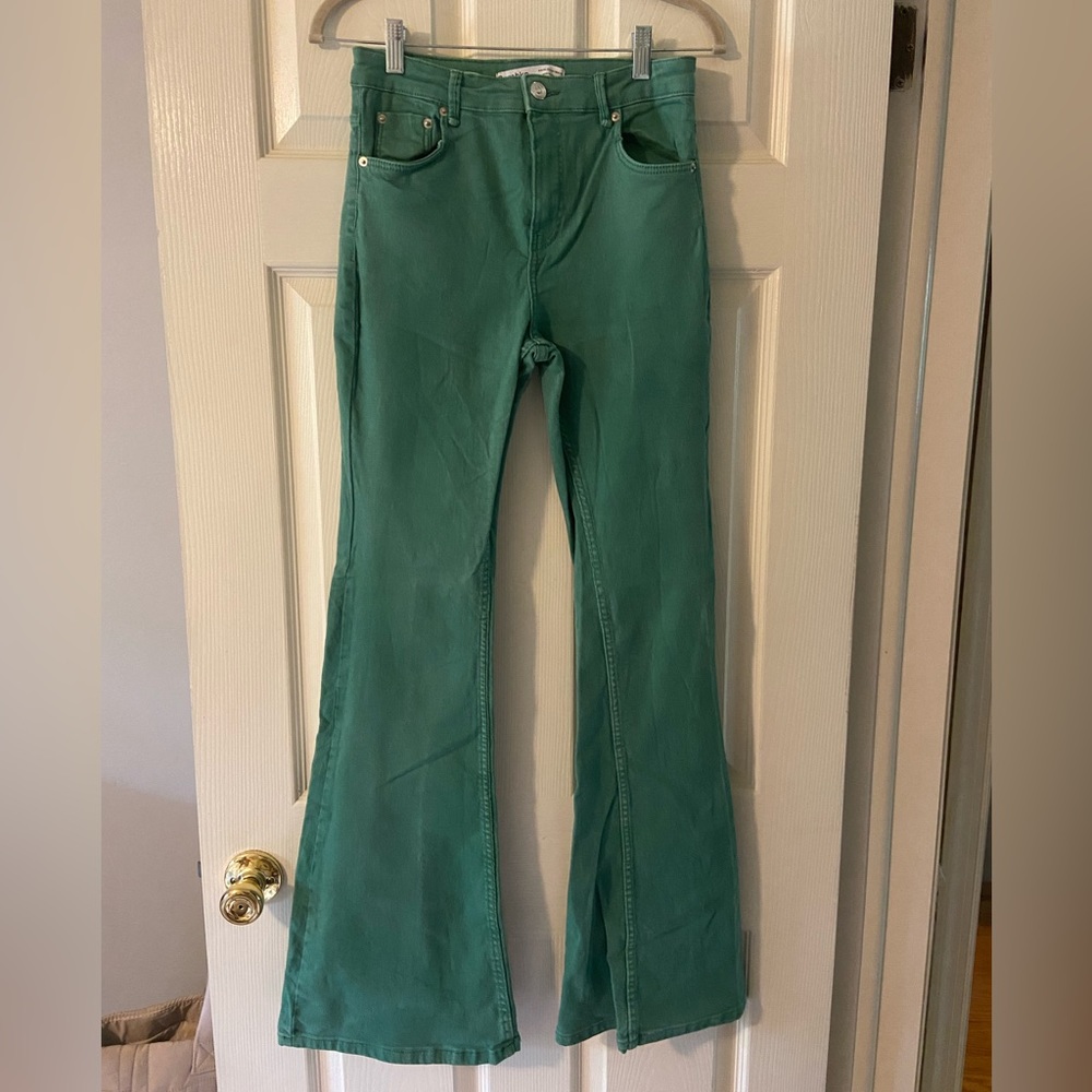 Bershka High Rise Flare Jean, Size 4, Kelly Green